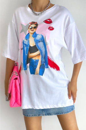Kadın Bisiklet Yaka Baskılı Yeni Sezon Pamuk T-shirt - Beyaz