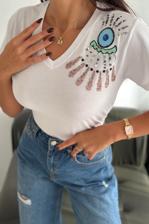 Kadın V Yaka Omzu Nakış Ve Pul Payet İşlemeli %100 Pamuk T-Shirt - Beyaz