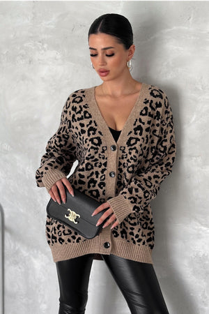 Kadın Leopar Desen Oversize Triko Hırka - Kahverengi