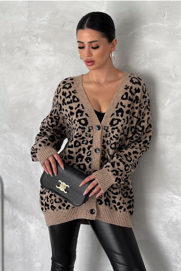 Kadın Leopar Desen Oversize Triko Hırka - Kahverengi