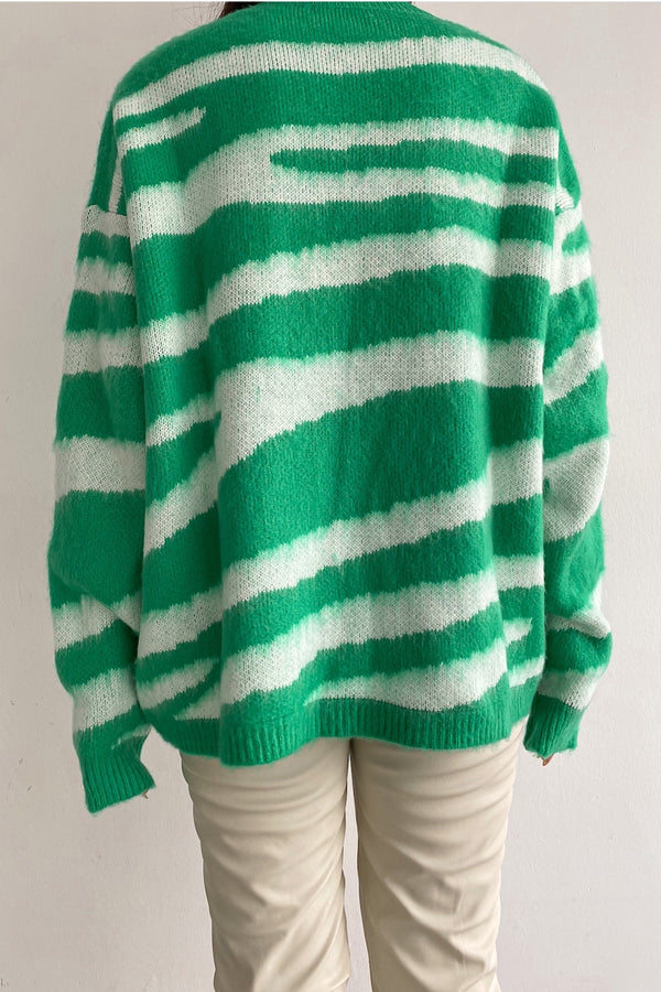 Kadın Yeni Sezon Zebra Desen Standart Beden Geniş Kalıp Oversize Triko Kazak - Yeşil