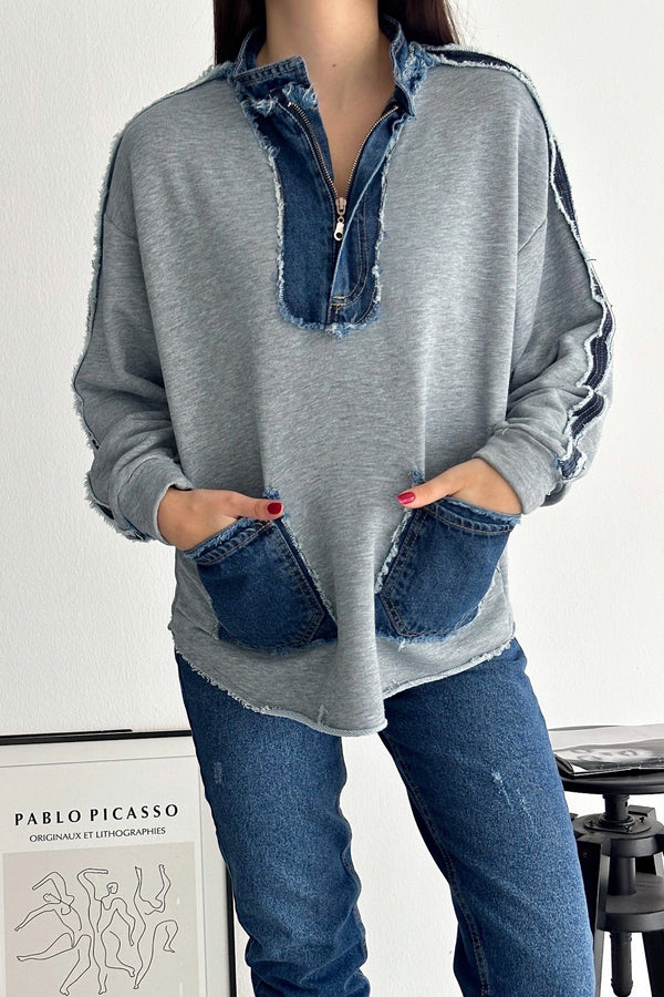 Kadın Fermuarlı Cepli Kot Denim Detaylı Sweatshirt - Gri