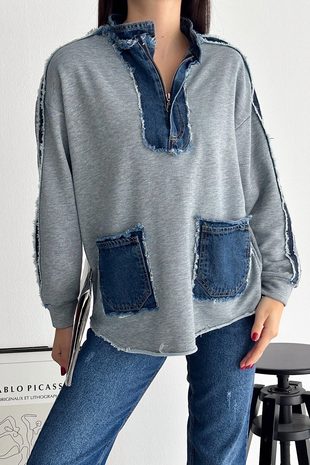 Kadın Fermuarlı Cepli Kot Denim Detaylı Sweatshirt - Gri