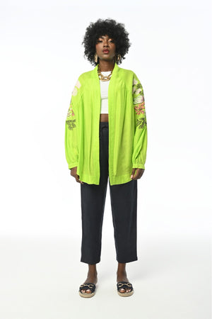 Kadın Sırtı Ve Kolları Çiçek Nakış İşlemeli Standart Beden Oversize Kimono Ceket - Sarı