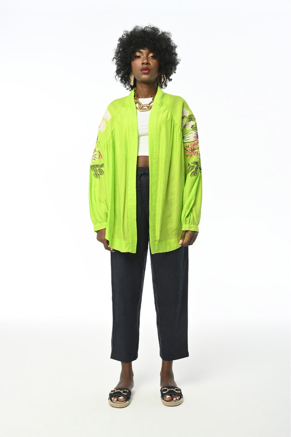 Kadın Sırtı Ve Kolları Çiçek Nakış İşlemeli Standart Beden Oversize Kimono Ceket - Sarı