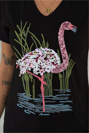 Kadın V Yaka Flamingo Pul Payet Ve Nakış İşlemeli %100 Pamuk Tişört - Siyah