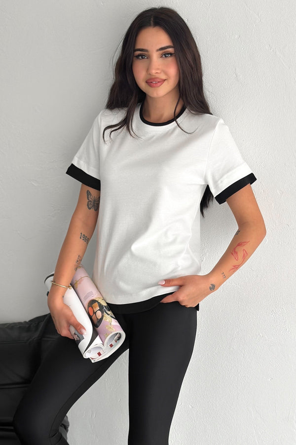 Kadın Yuvarlak Yaka Şerit Detaylı %100 Pamuk T-shirt - Beyaz