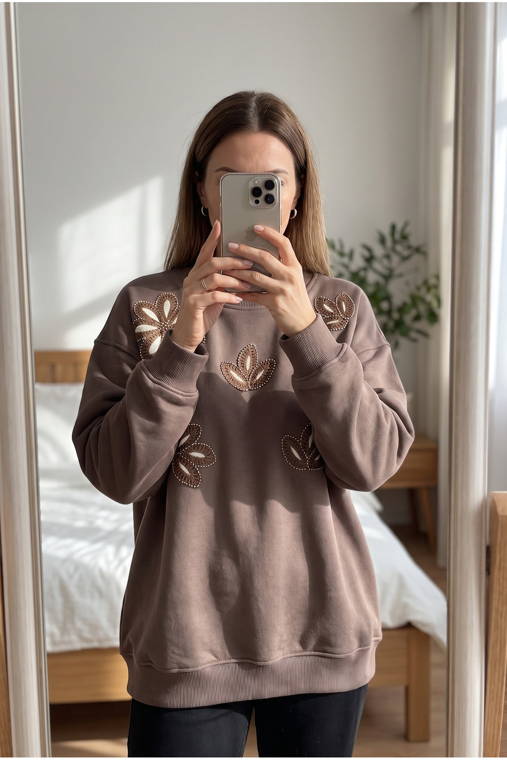 Nakışlı Boncuk İşlemeli %100 Pamuk Sweatshirt - Kahverengi