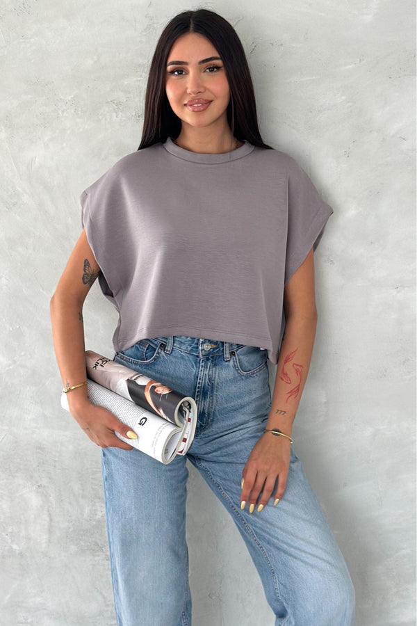 Kadın Antrasit Yuvarlak Yaka Modal Kumaş Basic T-shirt - Gri