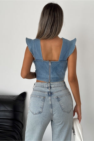 Kadın Sırtı Fermuarlı Crop Kot Bluz - Mavi