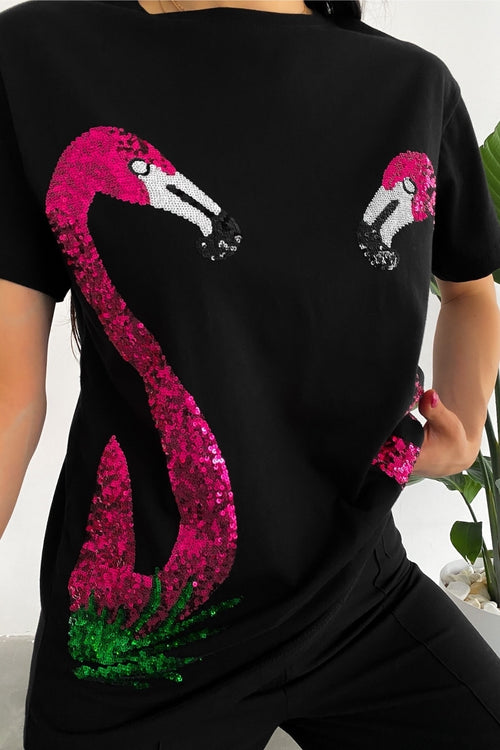 Kadın Yeni Sezon Flamingo Pul Payet Işlemeli Pamuk Tişört - Siyah