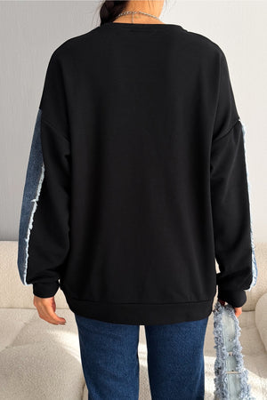 Kadın Oversize Kot Detaylı Sweatshirt - Siyah