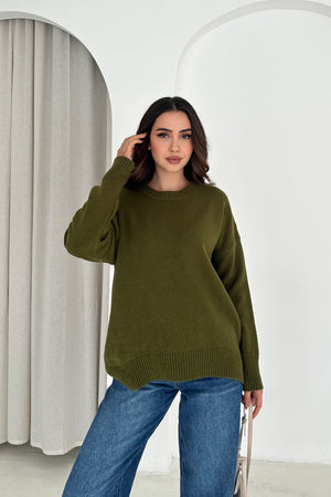 Kadın Standart Beden Oversize Basic Triko Kazak - Haki