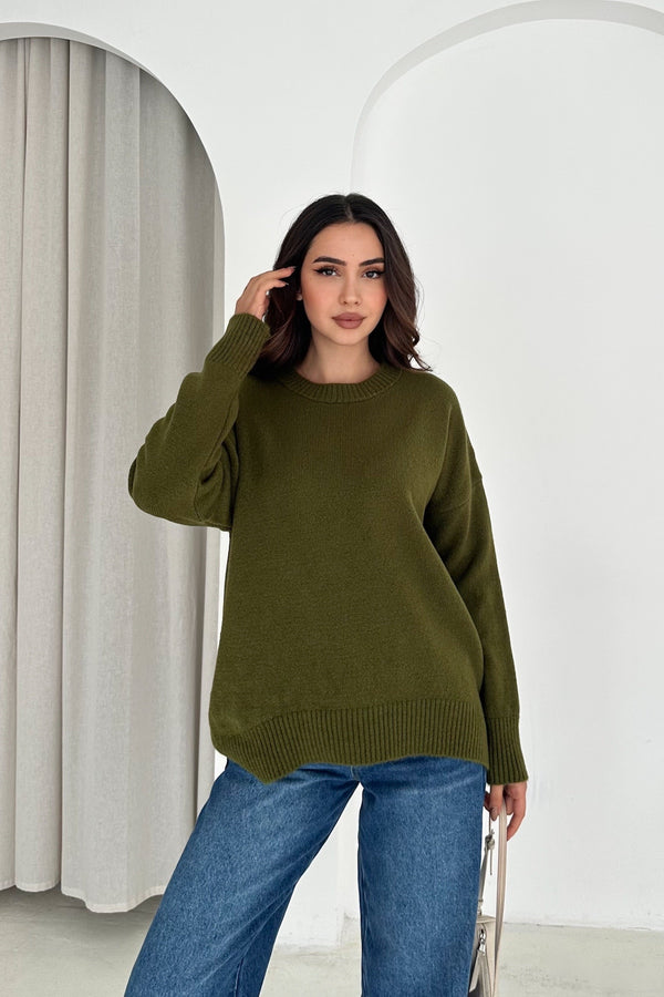 Kadın Standart Beden Oversize Basic Triko Kazak - Haki