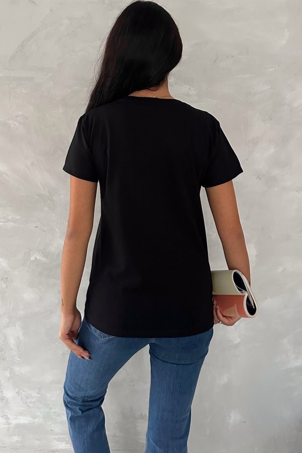 Kadın V Yaka Baykuş Pul Payet İşlemeli %100 Pamuk T-Shirt - Siyah