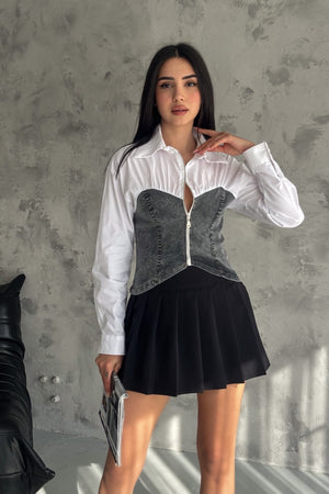 Kadın Denim Kot Detaylı Fermuarlı Crop Gömlek - Antrasit