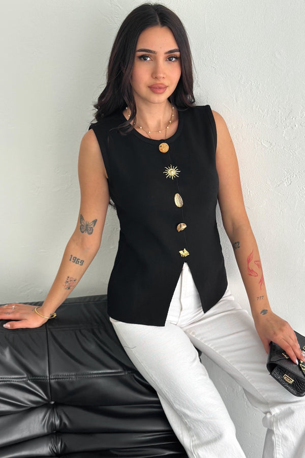 Kadın Standart Beden Düğme Detaylı Triko Yelek - Siyah