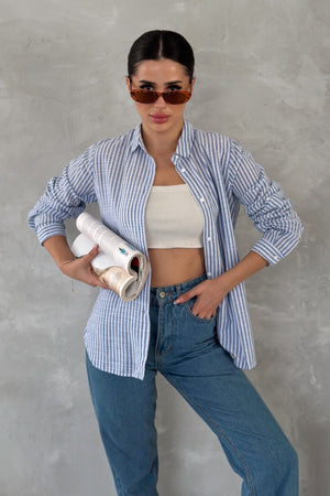 Kadın Çizgili Slim Fit %100 Pamuk Gömlek - Mavi