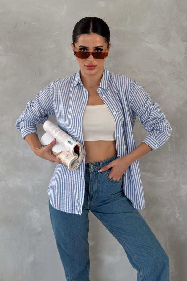 Kadın Çizgili Slim Fit %100 Pamuk Gömlek - Mavi