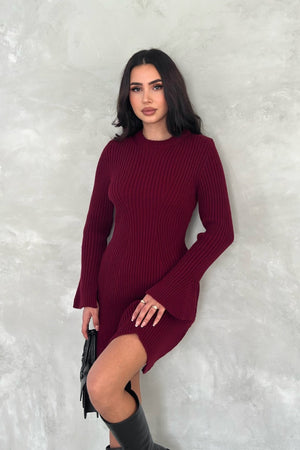 Kadın Standart Beden Kol Detaylı Triko Elbise - Bordo
