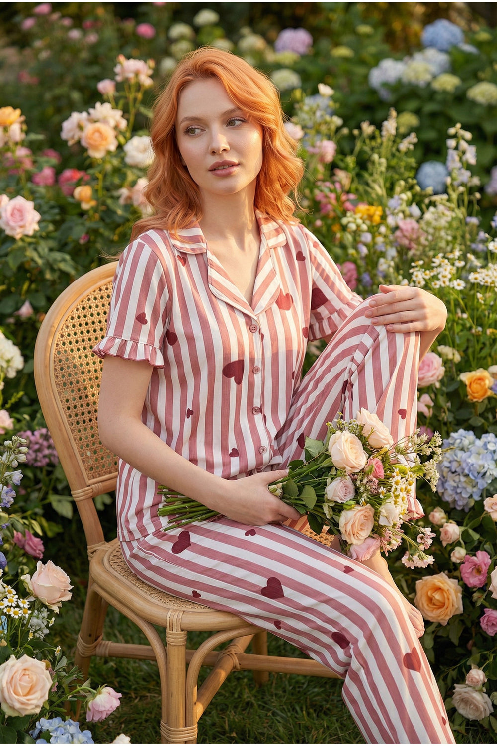 Kalp Desenli Düğmeli Pijama Takımı - Kırmızı