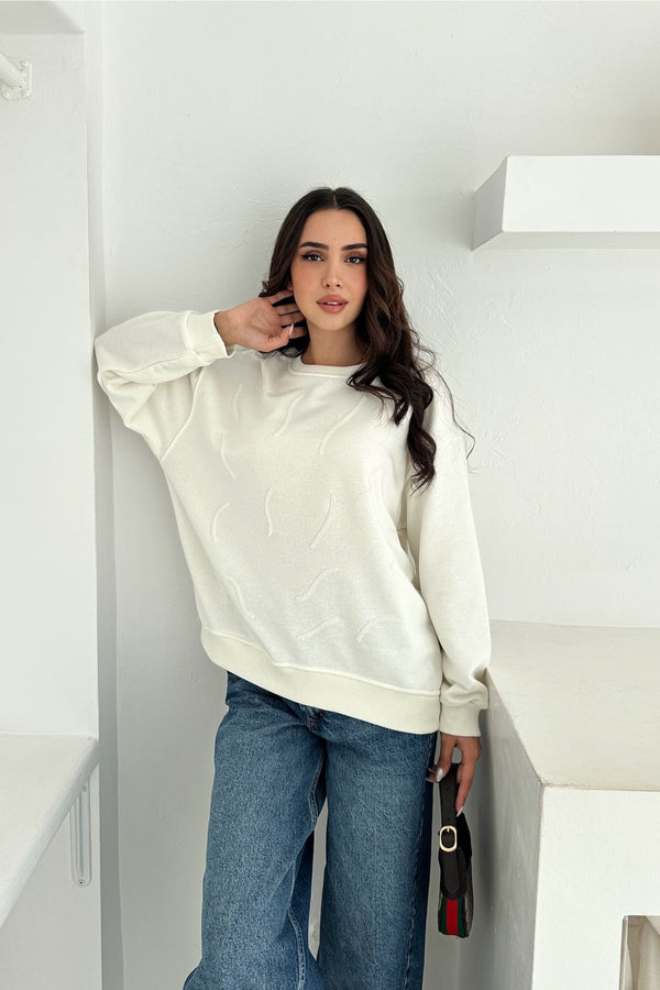 Kadın Boncuk İşlemeli %100 Pamuk Sweatshirt - Beyaz
