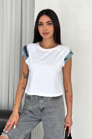 Kadın Kolsuz Kot Detaylı %100 Pamuk T-shirt - Beyaz