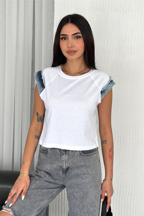 Kadın Kolsuz Kot Detaylı %100 Pamuk T-shirt - Beyaz