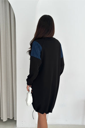 Kadın Sweat Denim Patchwork Elbise Oversize Cepli Büzgülü %100 Pamuk Spor Elbise - Lacivert
