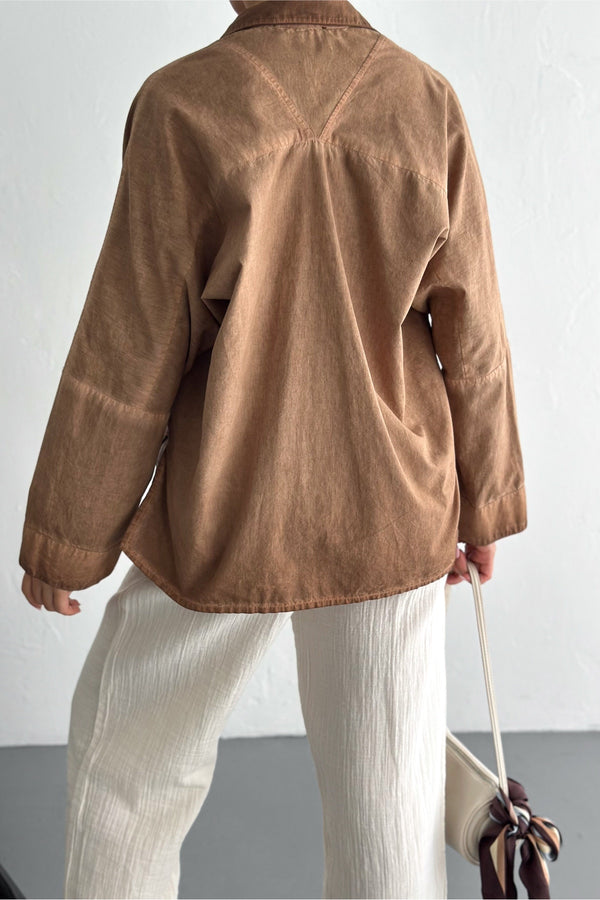 Kadın Düğme Detaylı Cepli Oversize Gömlek - Kahverengi