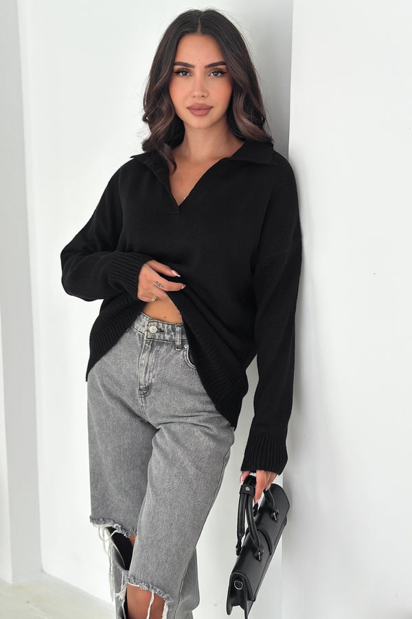 Kadın Polo Yaka Oversize Triko Kazak - Standart Beden Yumuşak Dokulu - Siyah