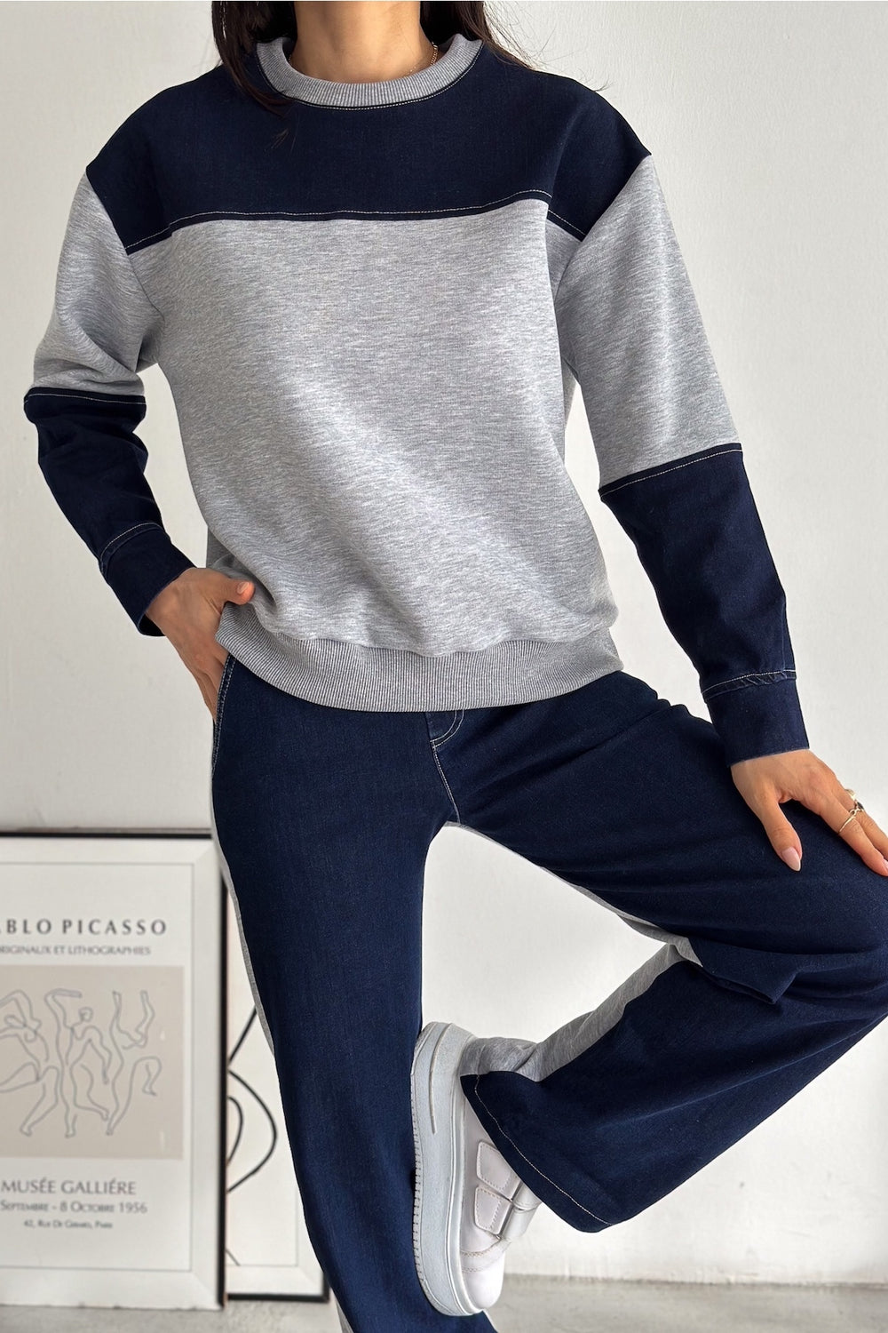 Beli Lastikli Denim Alt-Üst Takım - Gri