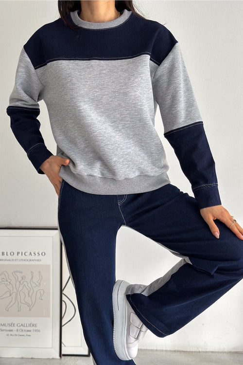 Beli Lastikli Denim Alt-Üst Takım - Gri