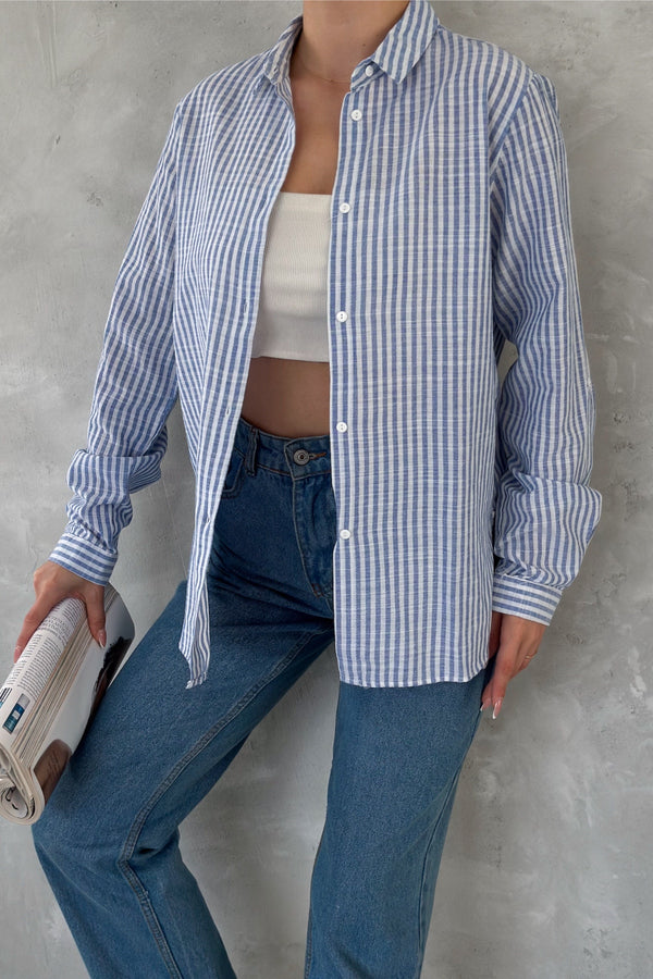 Kadın Çizgili Slim Fit %100 Pamuk Gömlek - Mavi
