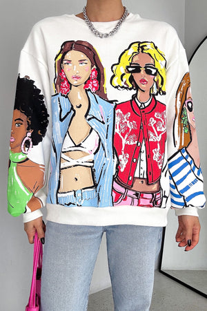 Kadın 3 İplik Şardonlu Baskılı Oversize Pamuk Sweatshirt - Beyaz