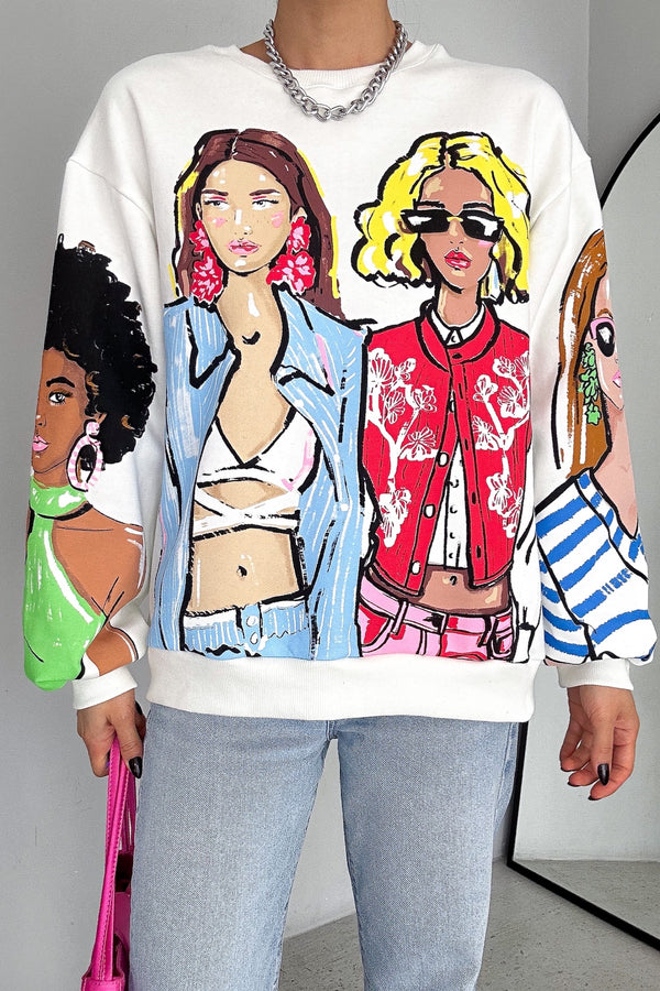 Kadın 3 İplik Şardonlu Baskılı Oversize Pamuk Sweatshirt - Beyaz