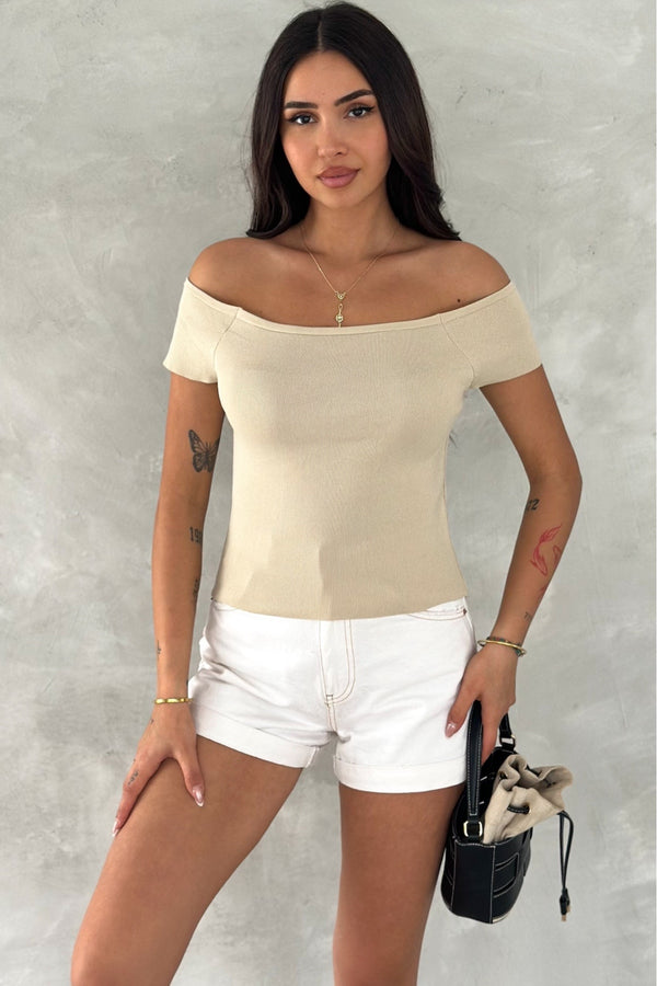 Kadın Standart Beden Triko Crop Bluz - Bej
