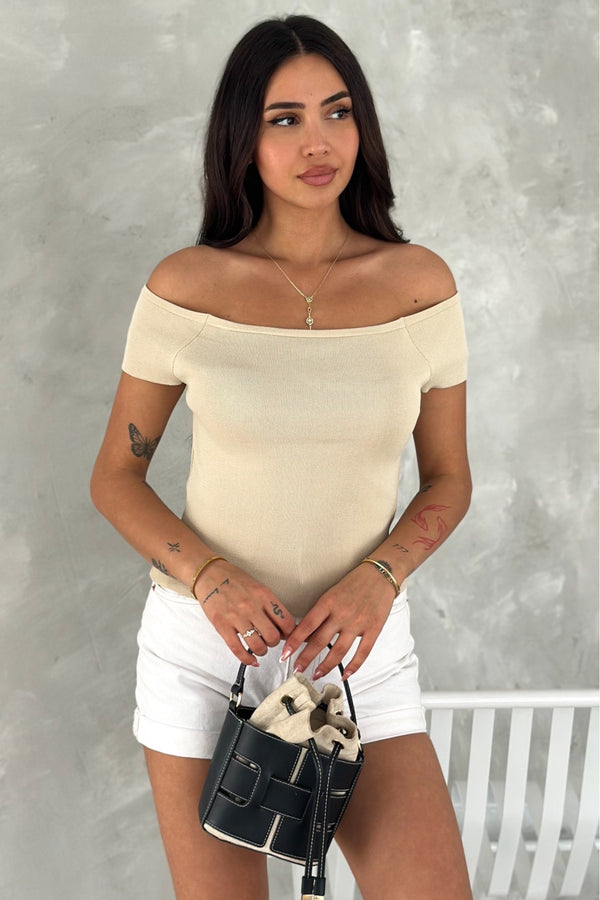 Kadın Standart Beden Triko Crop Bluz - Bej