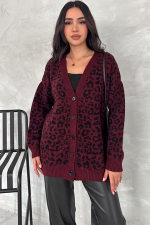 Kadın Standart Beden Leopar Desen Oversize Triko Hırka - Bordo