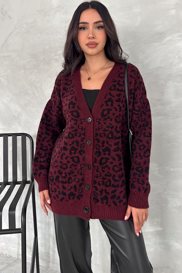 Kadın Standart Beden Leopar Desen Oversize Triko Hırka - Bordo