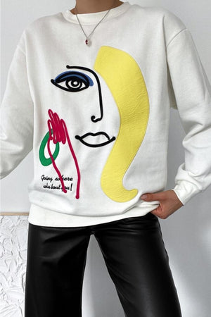 Kalın Içi Polarlı Nakış Işlemeli Kabartmalı Oversize Sweatshirt - Ekru