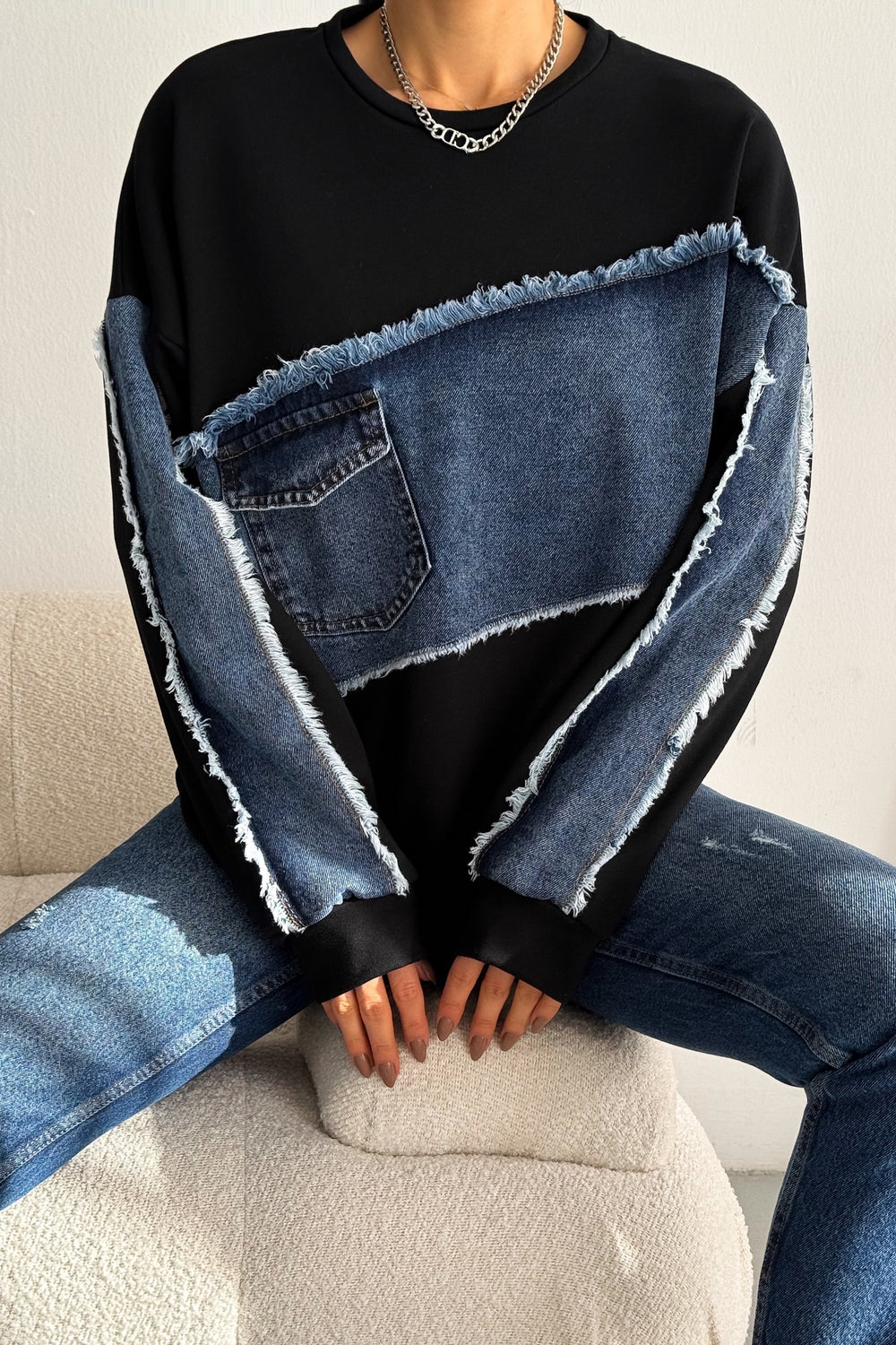 Kadın Oversize Kot Detaylı Sweatshirt - Siyah