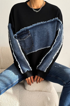 Kadın Oversize Kot Detaylı Sweatshirt - Siyah