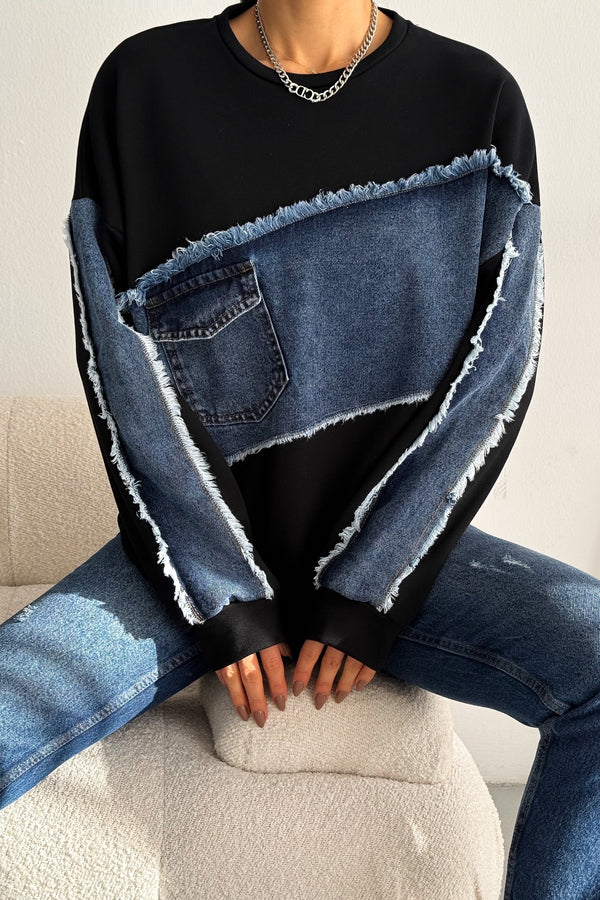 Kadın Oversize Kot Detaylı Sweatshirt - Siyah