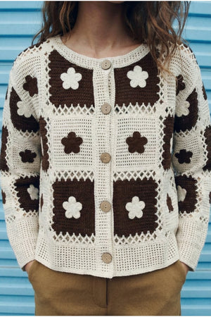 Kadın Delikli Triko Hırka Düğmeli Vintage Patchwork Desenli Baharlık Oversize Hırka - Bej