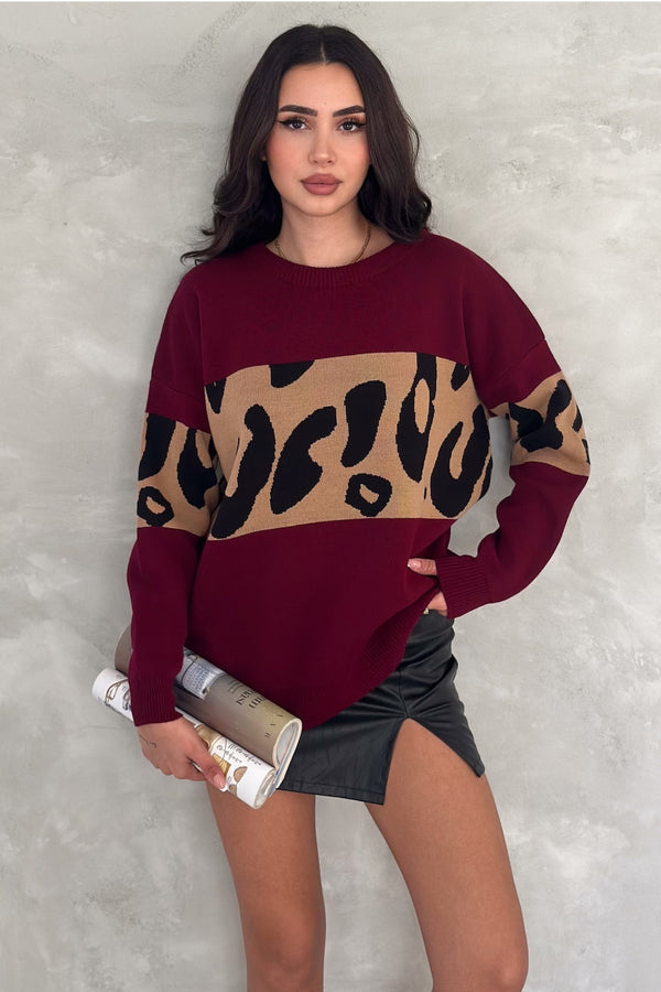 Kadın Standart Beden Leopar Desen Oversize Triko Kazak - Bordo