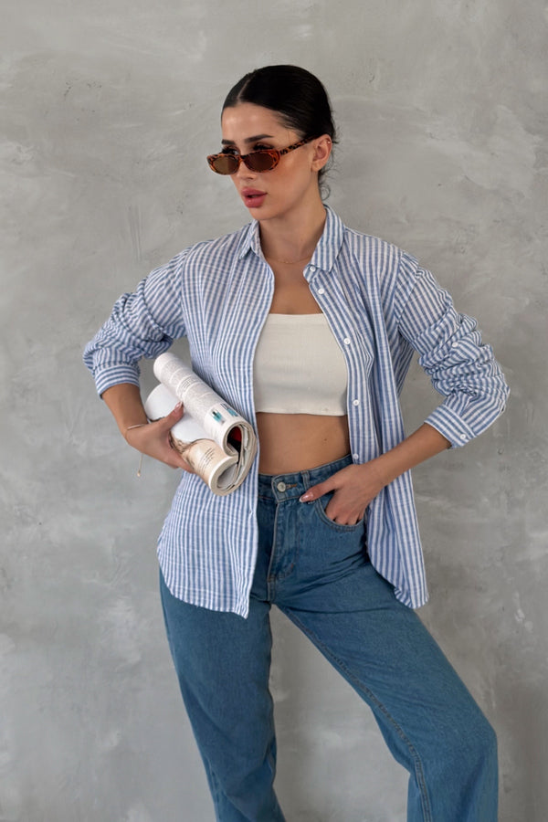 Kadın Çizgili Slim Fit %100 Pamuk Gömlek - Mavi