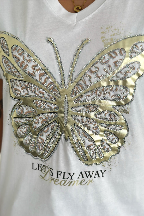 Kadın V Yaka Kelebek Varak Pul Payet İşlemeli %100 Pamuk Tişört - Beyaz
