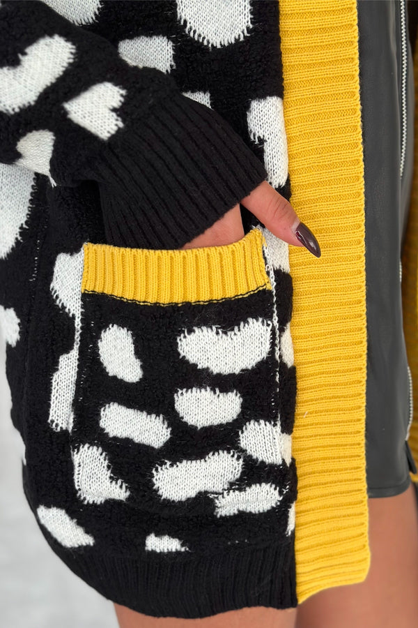 Kadın Leopar Desen Fermuarlı Derili Oversize Triko Hırka - Sarı