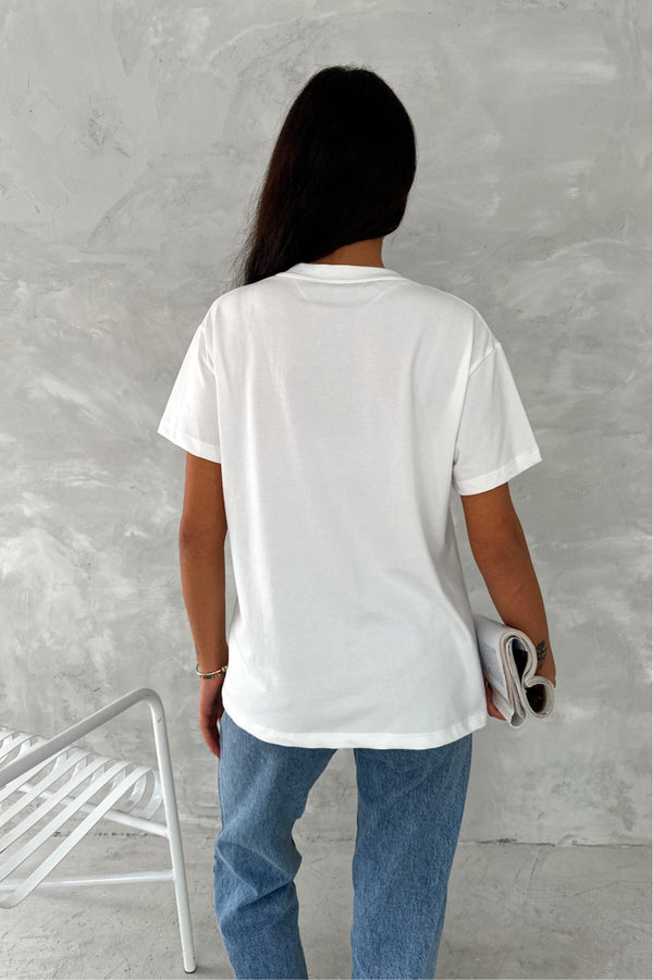 Kadın Dikme Boncuk Ve Pul İşlemeli Fiyonk Detaylı %100 Pamuk T-shirt - Beyaz